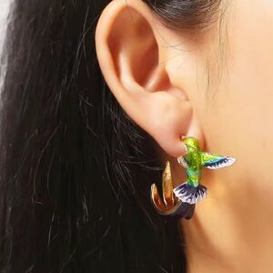 Enamel Hummingbird Gold Hoop Earrings